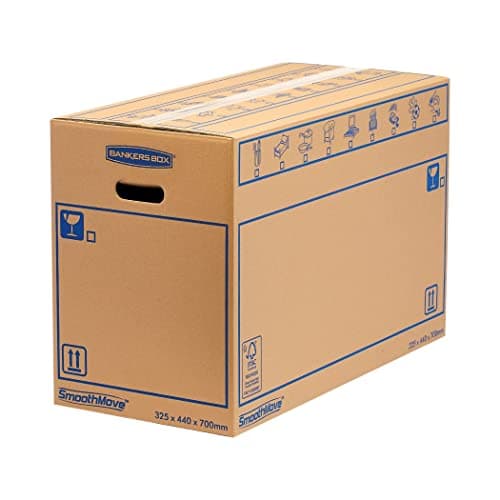 Image of 5 BANKERS BOX EXTRA LARGE Strong Moving Boxes, 100L SmoothMove Cardboard for Packing & Moving, Heavy Duty Double Wall for Moving House with Handles, 70cm x 44cm x 33cm (Pack of 5), Brown
