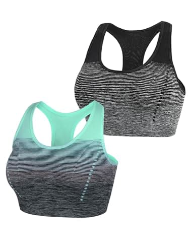 Image of Sykooria Women's Sports Bra Mid Support Wirefree Racerback Workout Bra Removable Padding Yoga Gym Running Crop Top(Black+Green,M)