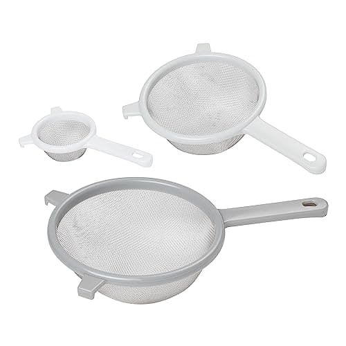 Image of Tala Kitchen Sieve Set, Plastic Handle Straining Sieves Measuring 8cm, 15cm and 18cm with stablising Hooks, Fine Stainless Steel which is Perfect for Sifting and Rinsing Foods