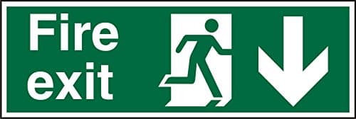 Image of Seco Fire Exit - Fire Exit, Man Running Right, Arrow Pointing Down Sign, 450mm x 150mm - 1mm Semi Rigid Plastic, White