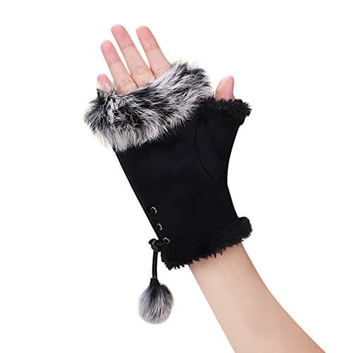 Image of XINCHIA Women’s Winter Faux Fur Leather Half Finger Gloves Fashion Warm Fingerless Mittens Fleece Lined Warmer Wrist Gloves Touchscreen Thicken Mittens with Adjustable Elastic Band (Black)