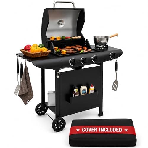 Image of Gas Grill BBQ 3 Burner with Cover, Lid and Side Burner, 48 x 42cm Cooking Surface - Ideal for Outdoor Cooking