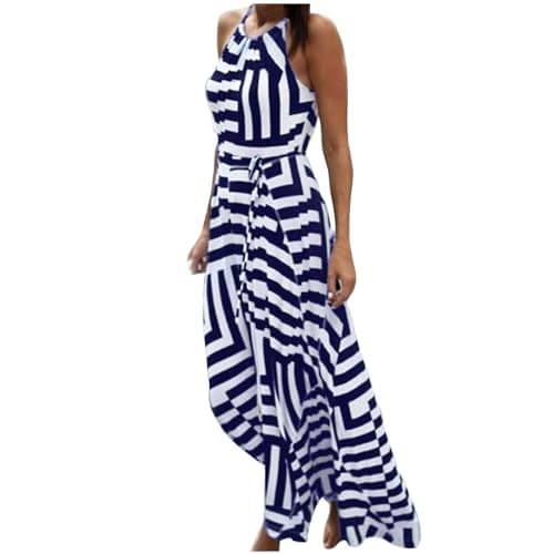 Image of Women Striped Print Halter Neck Maxi Dresses Summer Sleeveless Backless Belted Dress Vacation Casual Flowy Long Sundress for Ladies UK My Orders Sale Clearance Deals Order 2025 Blue