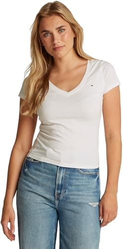 Image of Tommy Jeans Women’s Short Sleeve V-Neck Slim T-Shirt, White (Ecru), XS