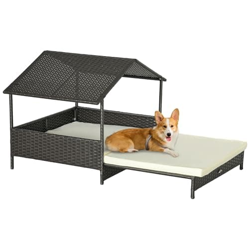 Image of PawHut Rattan Dog House, Extendable Outdoor Wicker Dog Bed w/Water-Resistant Roof, Removable Cushion, for Small and Medium Dogs - Cream White