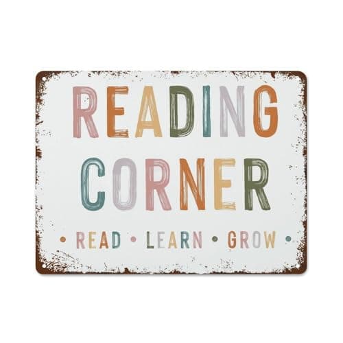 Image of Reading Corner READ LEARN GROW Funny Wall Decor Vintage Metal Tin Sign Plaque For Man Cave Bar Pub Club Home Room Gift Poster 12x16 inches