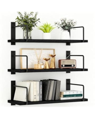 Image of TRAYINDALY Floating Shelves for Wall Set of 3, Rustic Wood Wall Shelf for Room Decor, Multi-Functional Storage & Organiser for Bedroom, Bathroom, Living Room, Kitchen, Office(Black)