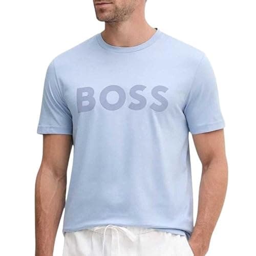 Image of BOSS Mens Thinking 1 T-Shirt Signature Logo Short Sleeve Open Blue S