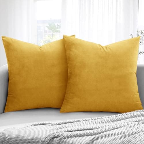 Image of Aspire Homeware Velvet Cushion Covers 45 x 45cm Set of 2 Ochre Decorative Square Throw Pillow Cases for Sofa Bedroom Living Room and Sofa