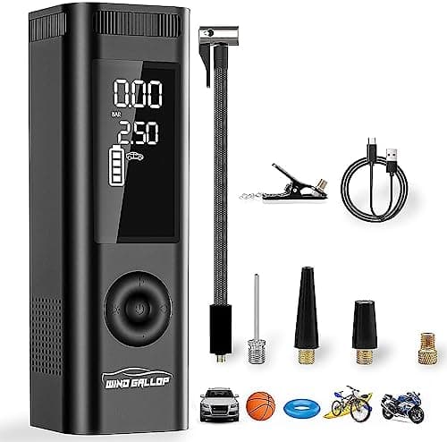 Image of WindGallop Car Tyre Inflator Air Compressor Car Tyre Pump 12v Electric Tyre Pumps for Cars Air Pump with Tyre Pressure Gauge and Inflator Small Car Pumps for Tyres Valve Adaptors (Black)