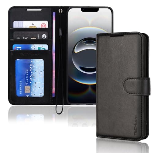 Image of TECHGEAR iPhone 16e / 17e Leather Wallet Case with RFID Blocking, Flip Cover Card Holder, Stand & Wrist Strap - Magnetic Closure Black PU Leather Protective Cover for iPhone 17e / 16e