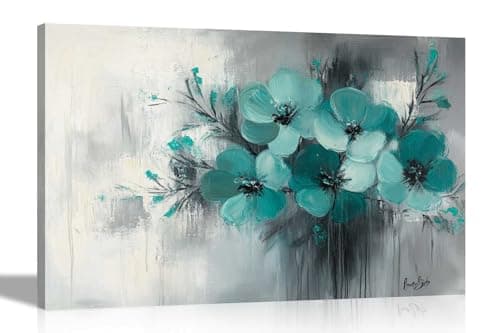 Image of Artley Prints - Abstract Teal Flower Bouquet Grey White Background Canvas Wall Art Flower Print for Living Room Décor Home Office 40 x 30cm (16 x 12 inches) A3