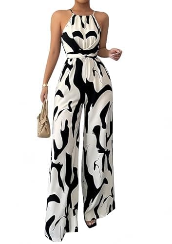 Image of Zesoyne Women's Halter Neck Abstract Print Jumpsuit Sleeveless Wide Leg One Piece Outfit Romper with Belt for Party Small White