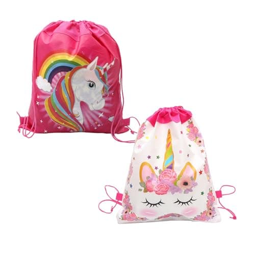 Image of MUNSKT 2 Pcs Unicorn Drawstring Bags for Girls, Unicorn Waterproof Bag with Rose Drawstring, for School Sports, Swimming, Mountain Climbing, Travel, Beach, Outdoor