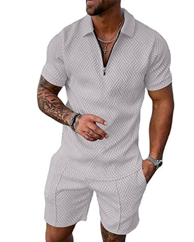 Image of Hoefirm Men's Tracksuits Short Sets Outfit Suit Quarter-Zip 2 Pcs Casual Holiday Summer Joggers Gym Activewear Loungewear Grey XL
