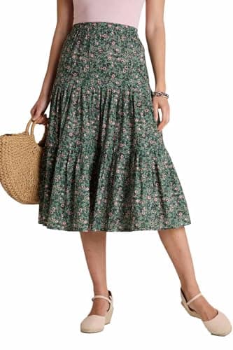 Image of Amber Ladies Tiered Print Cotton Skirt with Elasticated Waist Lightweight Summer Midi Skirt for Women (Sizes 10–20) Khaki 16