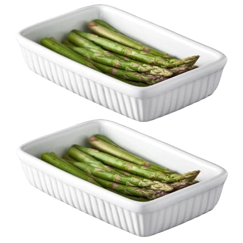 Image of Rectangular Roasting Dish 17.5x5.5x11.5cm White Ribbed Ceramic 18cm Oven Baking Vegetable Tray (2)