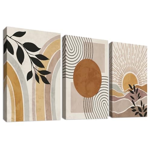 Image of 3 Pcs Wooden Framed Canvas Wall Art Canvas Prints Boho Mid Century Modern Painting Bohemian Nature Plants Desert Sun Pictures for Living Room Bedroom Bathroom Hallway Wall Decor 30x40 cm x3pcs