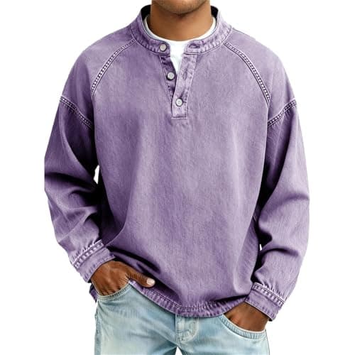 Image of Henley Shirts for Men Button Down Tshirts Loose Fit Long Sleeve Tshirts Retro Washed Snap T-Shirts Comfortable Crew Neck T-Shirts Wrinkle Free Casual T Shirt Breathable Sports Tee Tops Purple
