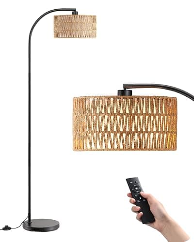 Image of EDISHINE Arc Floor Lamp, Dimmable Standing Lamp with Remote Control, Rattan Lampshade, Boho Floor Lamps for Living Room Bedroom Office, Multiple Color Temps, LED Bulb Included, Black