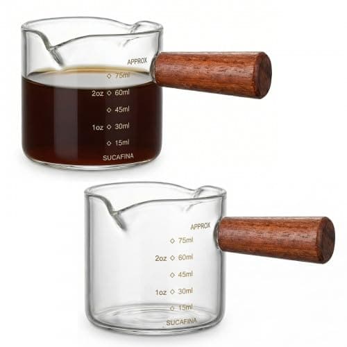 Image of 2 Pack Espresso Cups with Wooden Handle, 75ml/2.5oz Glass Measuring Cup with V-Shaped Double Spouts, Heat Resistant Espresso Shot Glass for Barista, Milk, Coffee Accessories