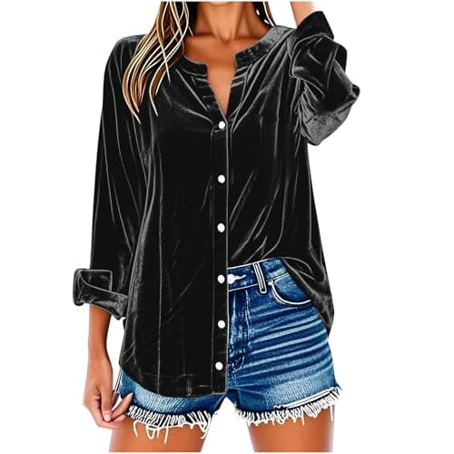 Image of Velvet Tops for Women UK Longline Button Down Blouse Plus Size Tunic Tops V Neck Casual Dress Blouse Elegant Business Office Work Tee Shirts Loose Rolled Long Sleeve Shirts Black