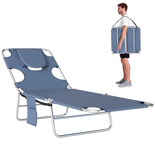 Image of Outsunny Foldable Sun Lounger, Beach Chaise Lounge with Reading Hole, Arm Slots, 5-Position Adjustable Backrest, Side Pocket, Pillow for Garden, Beach, Camping, Grey