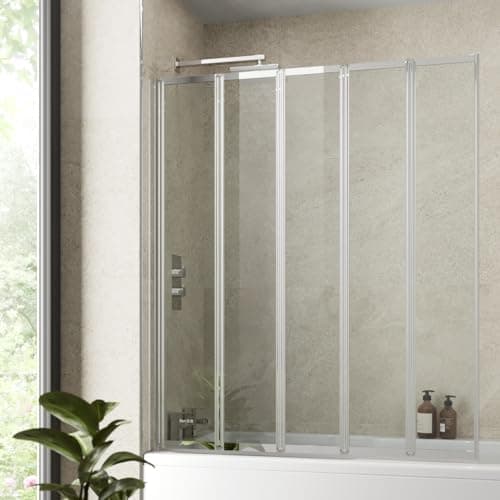 Image of Luxura® 5 Panel 1200 x 1400mm Chrome Over Bath Shower Screen Folding Hinged Door Glass Panels & Screens for Baths, 4mm Toughened Safety Glass, 180° Pivot Swing, Reversible