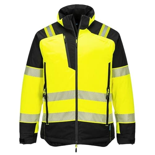 Image of Portwest T160 PW3 Hi Vis Winter Jacket Waterproof Breathable Thermal Insulatex Pro Lining Stretch Soft Shell Two Way Zip Harness Access Removable Hood Windproof Durable Design, Yellow/Black, L
