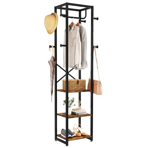 Image of IBUYKE Coat Rack, Freestanding Coat Stand with 3 Shelves and 8 Hooks, Industrial Clothes Stand for Entryway, Hallway, Bedroom, 180 x 40 x 30 cm, Rustic Brown TMJ088H