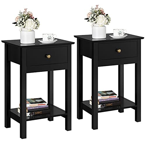 Image of Yaheetech 2Pcs Bedside Tables, Bedside Cabinet Wooden Night Stand with 1 Drawer and Shelf, Black Side Table End Table Storage Unit for Living Room Bedroom, 40x30x61cm