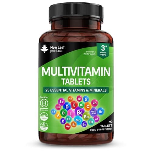 Image of Multivitamin & Minerals 23 Essential Active Vegan High Strength Multivitamin Tablets for Women & Men with Iron A-Z Complete Daily Vegan Vitamins Gluten Free GMO Free (3 Month Supply) UK Made New Leaf