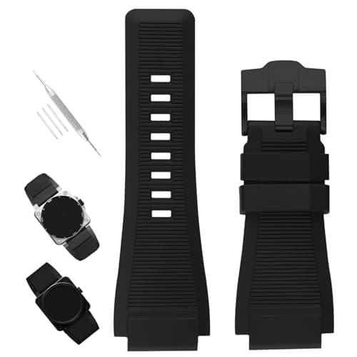 Image of XIW Compatible for Bell & Ross B&R BR-01 BR01 BR-03 BR03 BR03-92 24mm*33mm Rubber Watch Band Replacement for men Silicone Wirstband Strap women Bracelet, Black Buckle