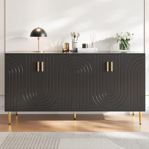 Image of Merax Black Sideboard for Living Dining room Sideboard Storage Cabinet with 4 Doors, with unique wave design, golden handles and feet, anti-tip device, 40 x 152 x 75 cm