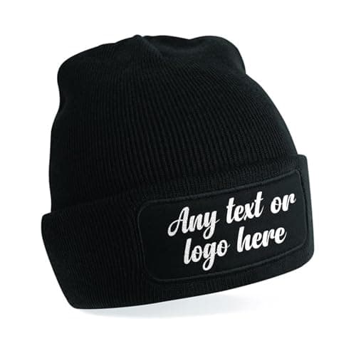 Image of Personalised Beanie | Any Text, Any Image or Logo Patch Beanie | Custom Men’s Skullies & Wooly Hats with Adjustable Fit | Perfect for Winter Wear | Unisex Gift (Black)