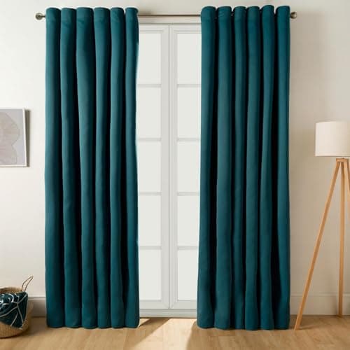 Image of Dreamscene Green Eyelet Curtains Thermal, Decorative Lined Curtains for Winter Summer Blackout Long Curtain for Living Room Bedroom Soft Modern - Teal, 66x90