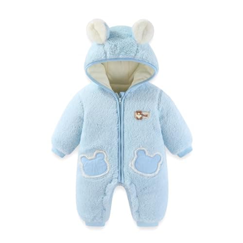 Image of JiAmy Baby Fleece Snowsuit Winter Romper Hooded Warm Infant Newborn Jumpsuit Cute Bear Boys Girls Outfits 3-6 Months Blue