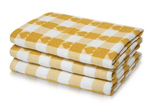 Image of La Maison Pack of 3 Hearts Check Woven Tea Towel Large Super Absorbent 100% Cotton Kitchen Towels (Ochre)