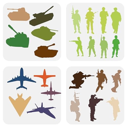 Image of FINGERINSPIRE 4-Piece Army Soldiers Stencil Set: Tanks, Bombers, Soldiers & Rifles - 20x20cm - Military Theme - Perfect for Painting on Wood, Wall, Fabric, Canvas & Furniture