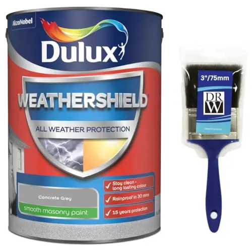 Image of DRW Concrete Grey Weathershield Smooth Masonry Paint 5L + 3" Paint Brush | Exterior Wall Paint | Long Lasting Weather Protection | Smooth Matt Finish for Brick Render Concrete and Stone