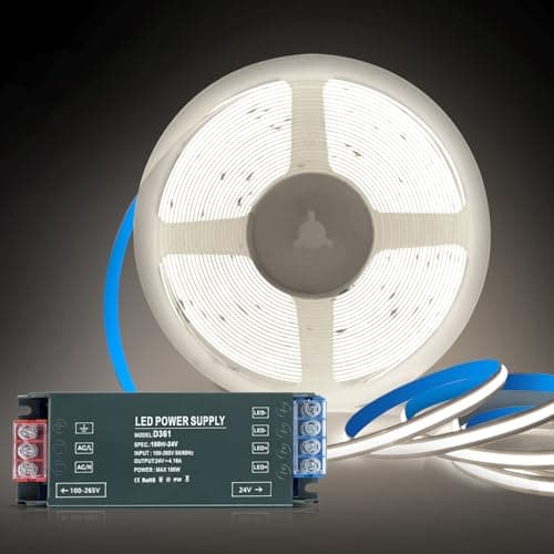 Image of KSIBNW COB LED Strip 24V 5M, Cool White 6000K LED Strips Lights Kit 8mm Width Tape Lights Flexible CRI90+ Uniform Dotless with 24V Power Supply 100W Transformer for Cabinet Kitchen Mirror