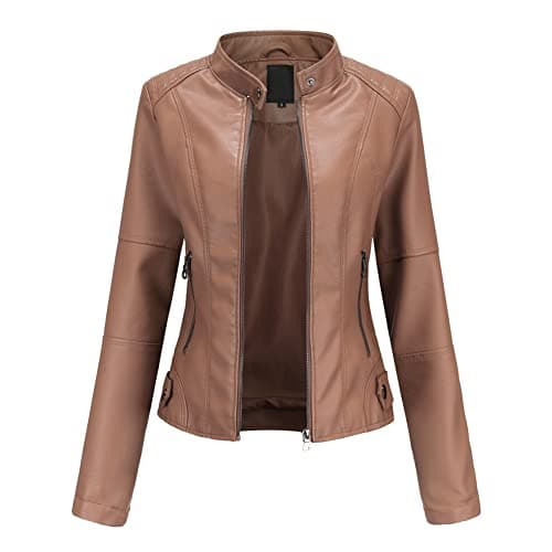 Image of YYNUDA Leather Jacket Women PU Biker Moto Jacket Zip Up Classic Short Bomber Jacket Standing Collar Motorcycle Coat Brown S