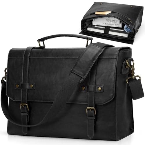 Image of RAINSMORE Messenger Bag Leather Laptop Bag 17.3 Inch Vintage Briefcase for Men Waterproof Satchel Shoulder Bag for Work Office Business College Black