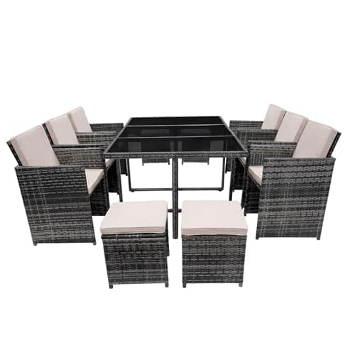 Image of Panana 10 Seater Rattan Garden Dining Set with Large Table, 6 Chairs & 4 Stools, Space Saving Outdoor Furniture for Patio, Conservatory & Garden (Mixed Grey Rattan with Beige Cushions)