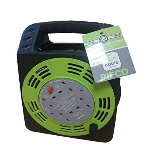Image of Daewoo Extension Reel, 4 Way Socket with 15 Metre Cable, Heavy Duty with Resettable Safety Cut Out, Handbag Reel, Black and Green