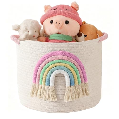 Image of Toy Storage Baskets Woven Cotton Rope Storage Basket with 3D Rainbow Decor for Kids Multifunctional Blanket Baskets for Living Room Toys Organizer with Handle for Gifts Girls Baby Hamper Nursery