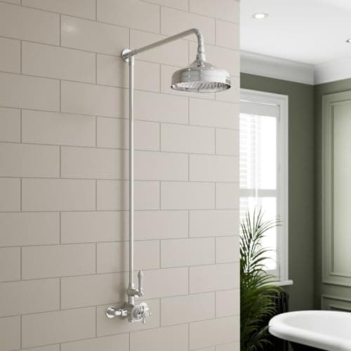 Image of Park Lane® Bathroom Thermostatic Mixer Shower, Traditional Crosshead Exposed Bar Valve Round Drencher Rainfall Head Victorian Style Showers, Chrome
