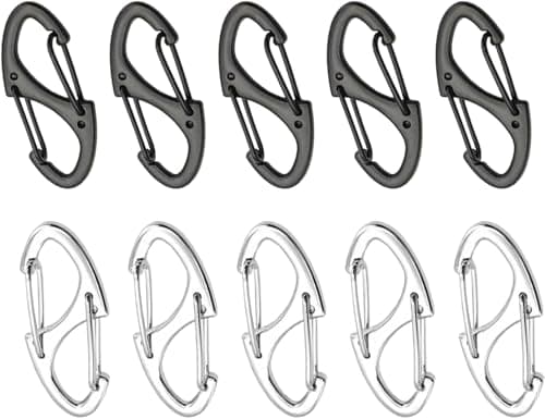 Image of 10 Pcs S Small Carabiner Keyring Clip, Black and Silver Dual Opening Keychain S Ring Locking Carabiner Double Clip Hook for Outdoor Hiking Fishing Camping Traveling