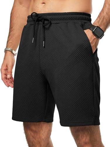 Image of Elegancity Mens Shorts Casual Elastic Waist Drawstring Texture Shorts for Men Summer Regular Fit Beach Vacation Pants with Pockets,Black M