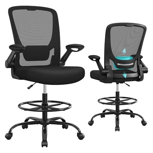 Image of SONGMICS Drafting Chair with Flip-up Armrests, Mesh Office Chair, Ergonomic Painting Chair with Height Adjustable Lumbar Support and Footrest, for Standing Desk, Bar Counter, Black OBN026B02